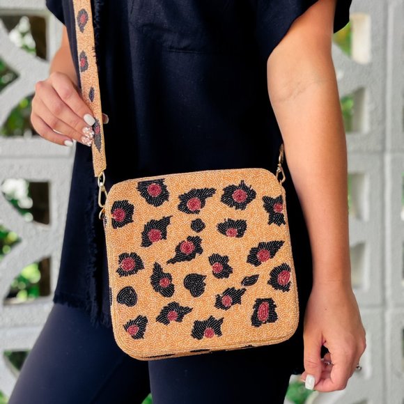 Handbags - Leopard Print Box Beaded Bag with Crossbody Strap